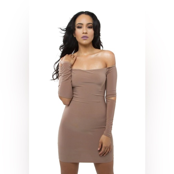 MYSTYLEMODE NUDE DOUBLE LINED OFF THE SHOULDER ELBOW CUT OUT MINI DRESS S99-59 - Picture 2 of 8